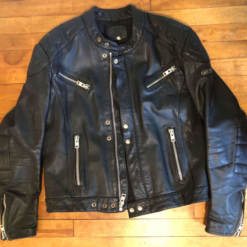 Drag Specialties vintage black leather moto jacket size 48